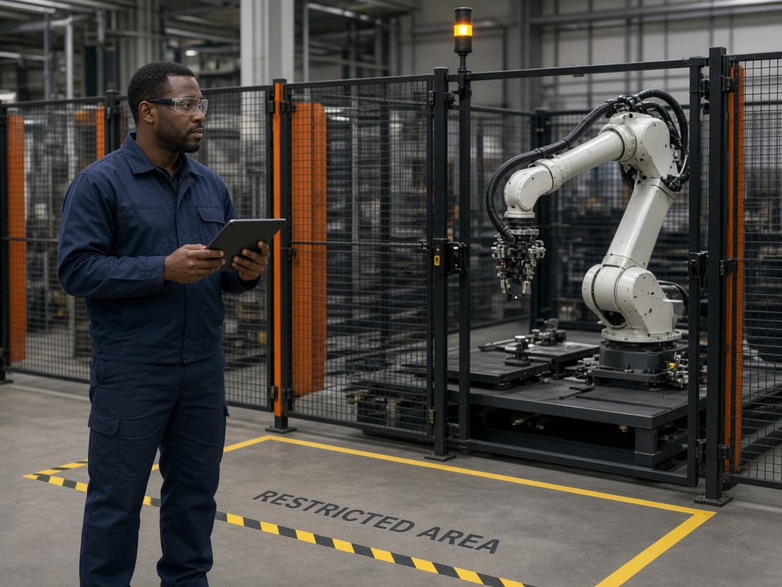 Technician standing outside marked floor separation tape while a robot cell runs inside its safety envelope.