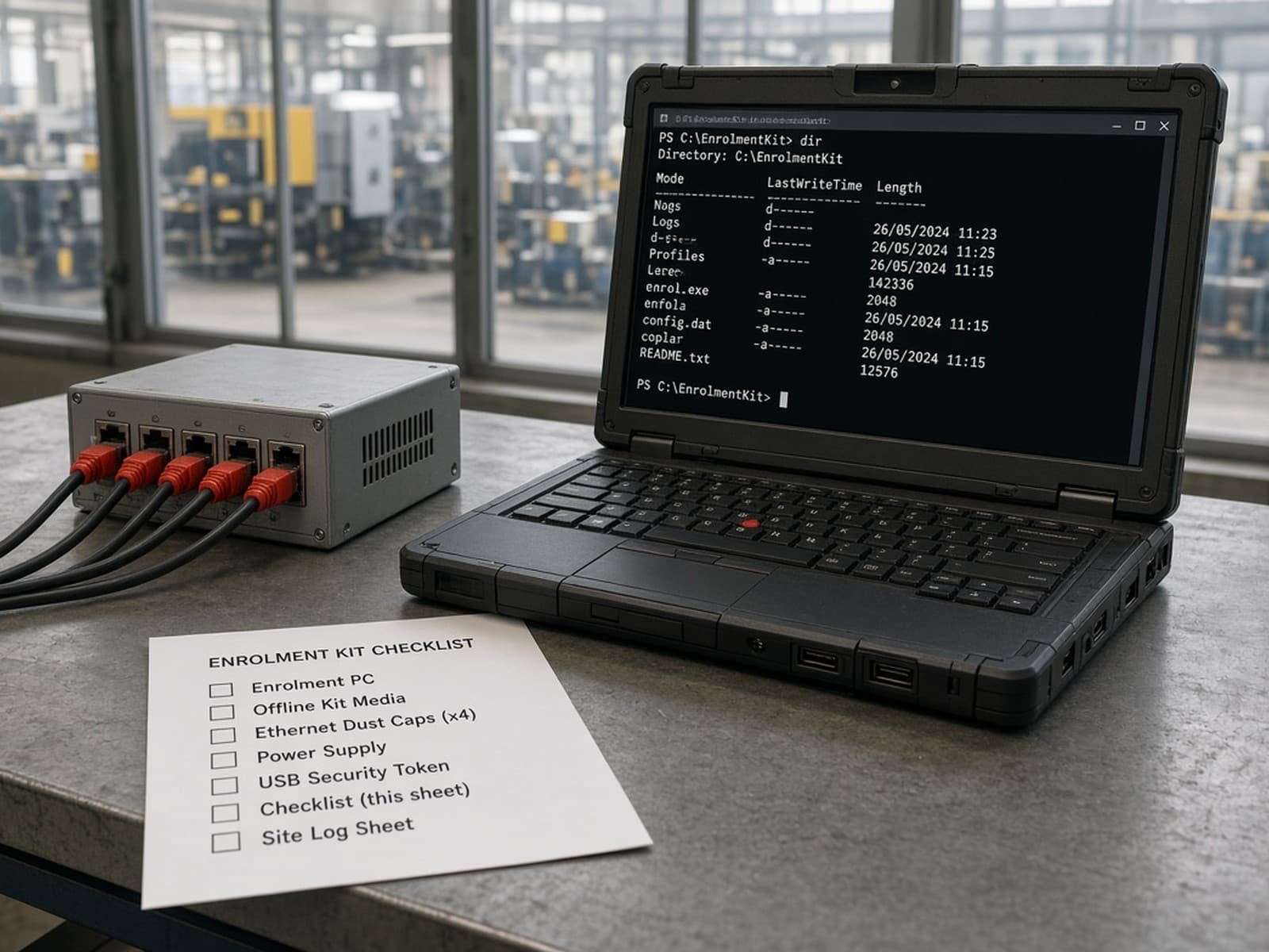 Offline enrolment kit on a plant laptop with outbound Ethernet ports capped.
