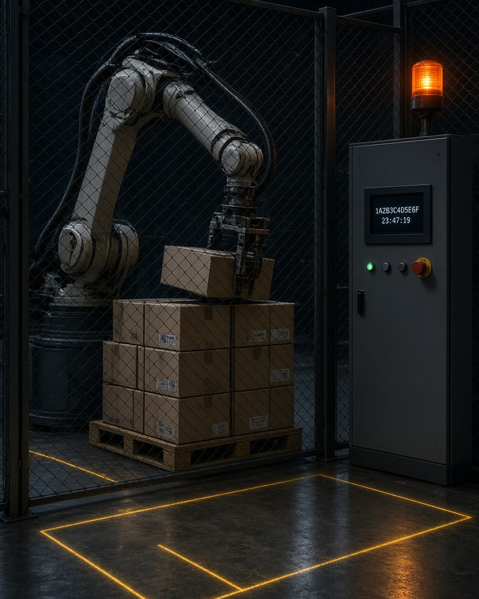 Vertical view of a palletising cell at night with a hashed local panel and scanner zone marks.