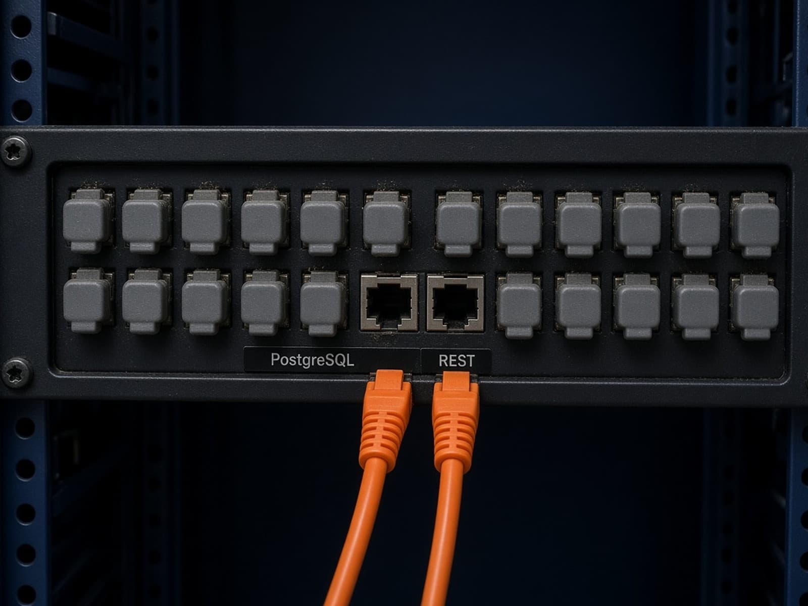Patch panel with only the PostgreSQL and REST ports cabled and all other ports empty.