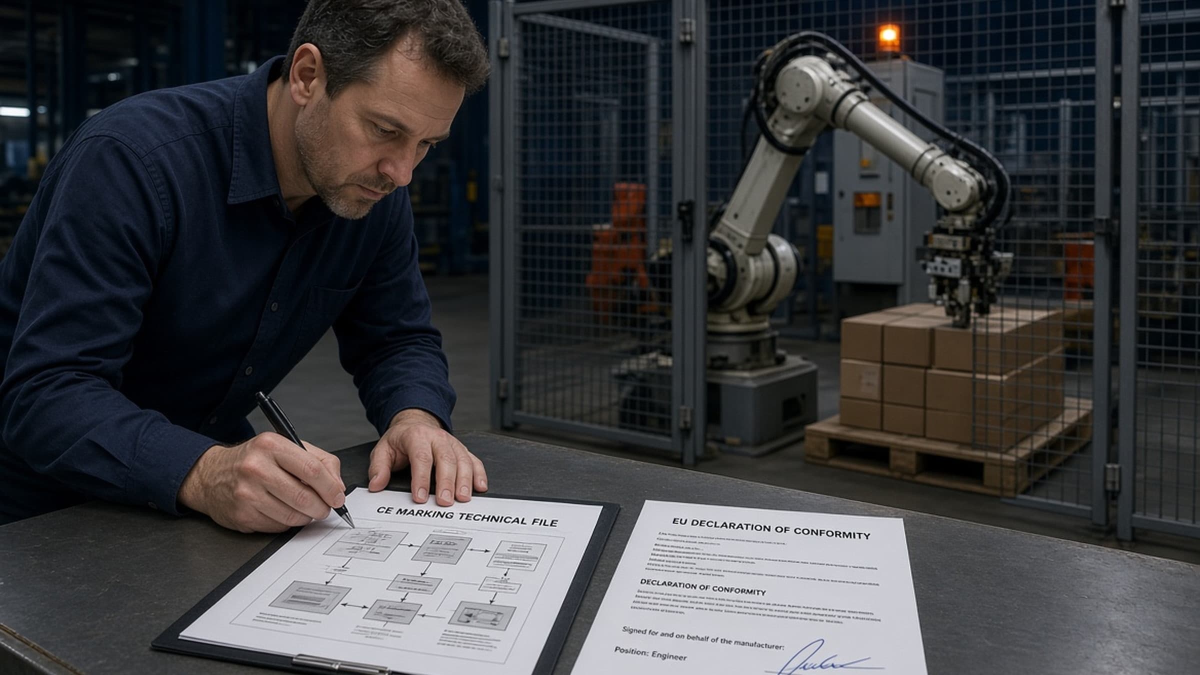 Manufacturer engineer signing a Declaration of Conformity in front of a running palletising cell.