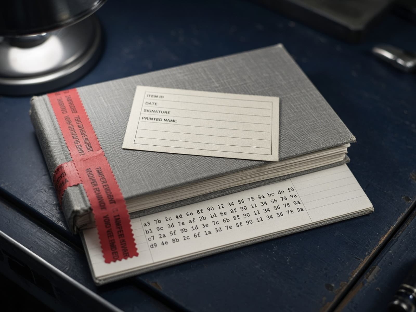 Bound evidence pack with printed hash lines, tamper-evident tape, and a signature card.