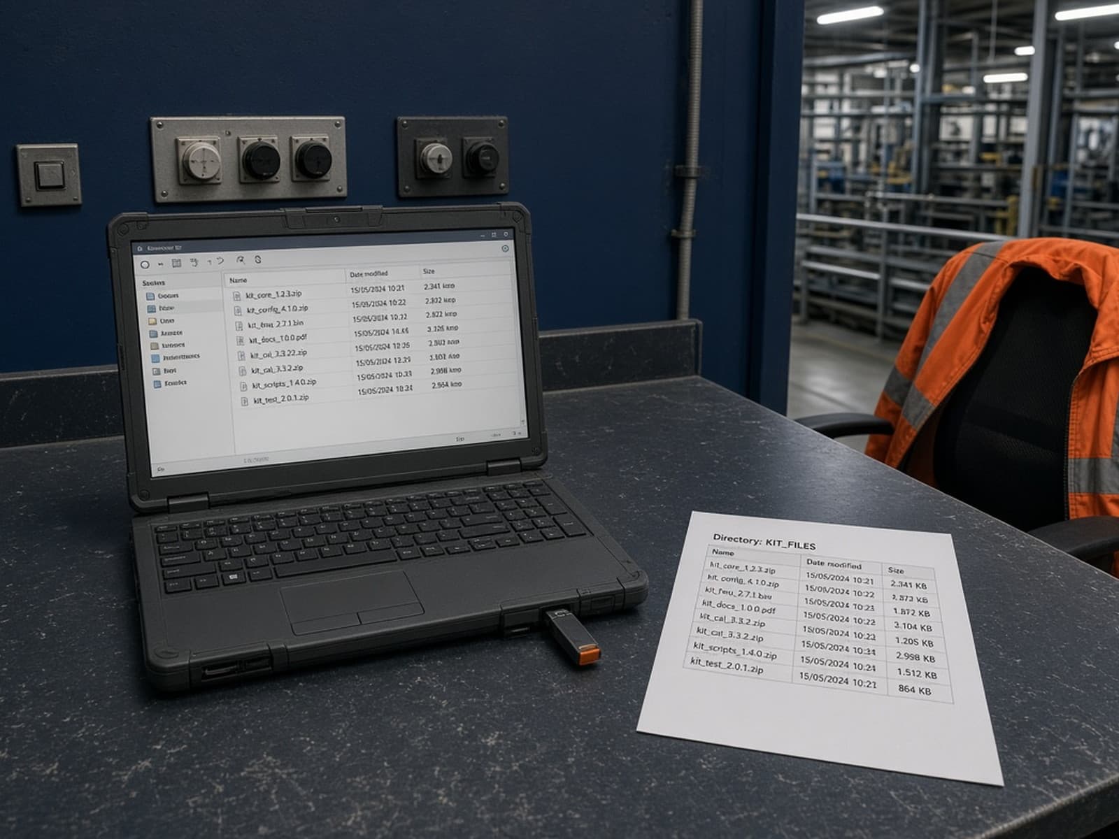 Disconnected rugged laptop on a plant desk with a printed list of local kit files.